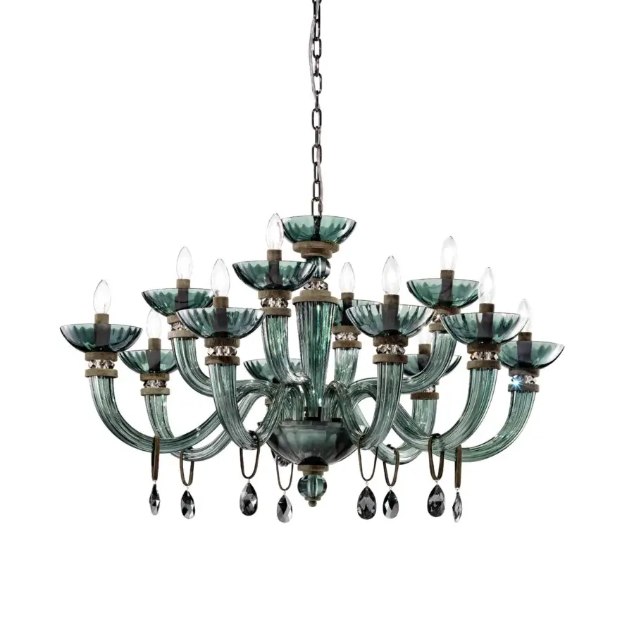 Distinguished Euroluce Dahlia chandelier crafted in viridian nabuk with fumé and shimmering crystals and a Swarovski pendant