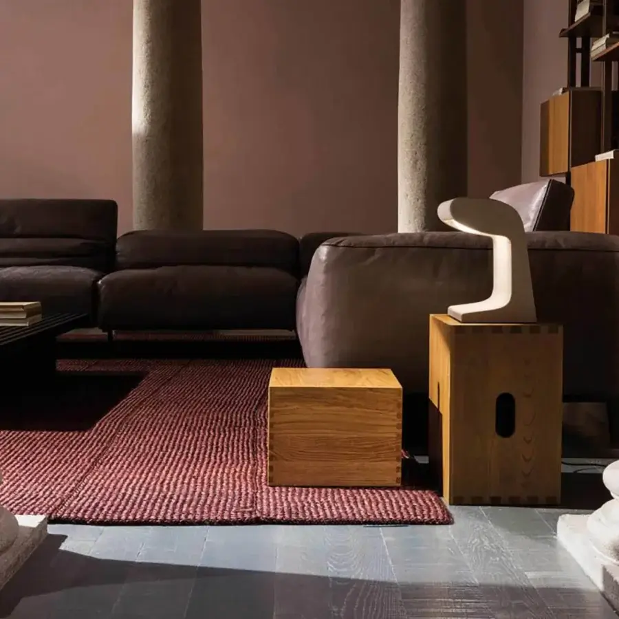 Elegant Nemo Lighting Borne Béton Petite floor lamp in warm brown wood and concrete with meticulous detail