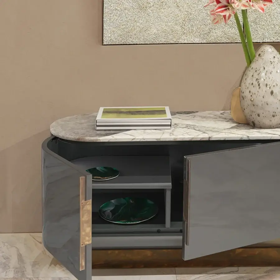 Lavish Visionnaire Siona sideboard built with multilayer wood and grey lacquered finish, crowned with polished beige and grey veined marble with satin brass accents