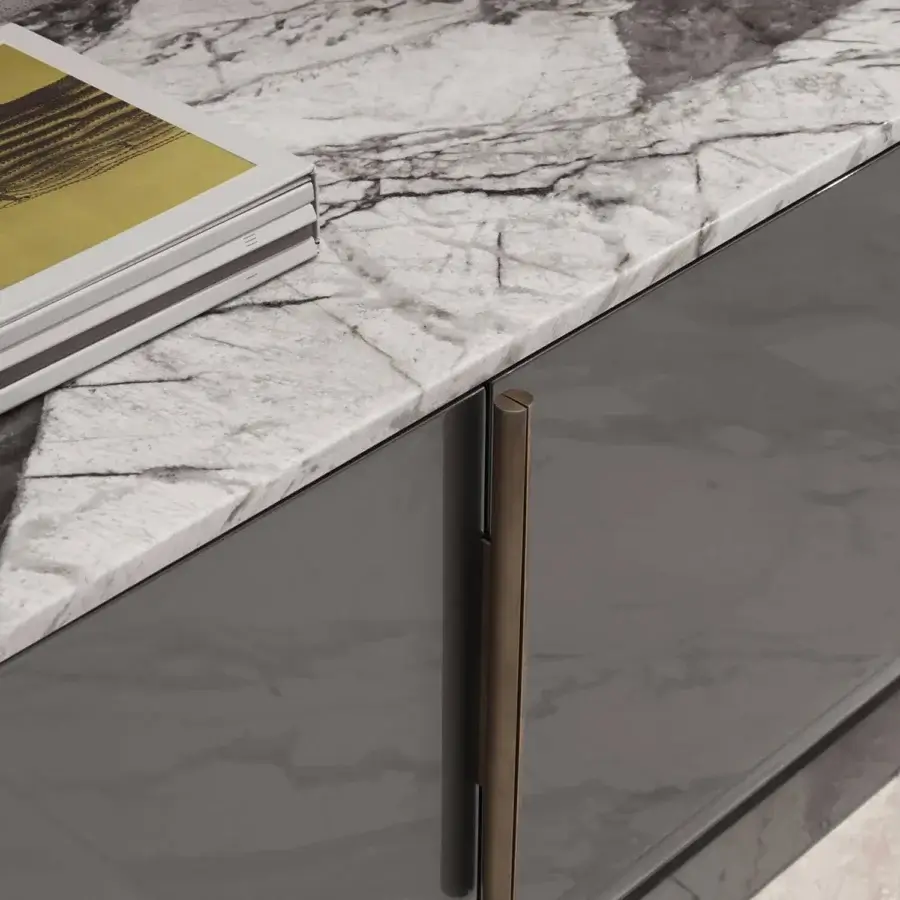 Distinguished Visionnaire Siona sideboard with curved form and shaped marble top in white and gray veining, finished in gloss lacquered wood
