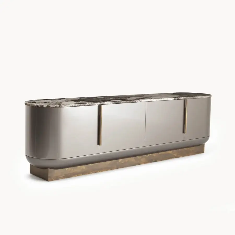 Exceptional Visionnaire Siona sideboard with gracefully curved form, shaped marble top, and satin stainless steel plinth in grey-taupe lacquered wood