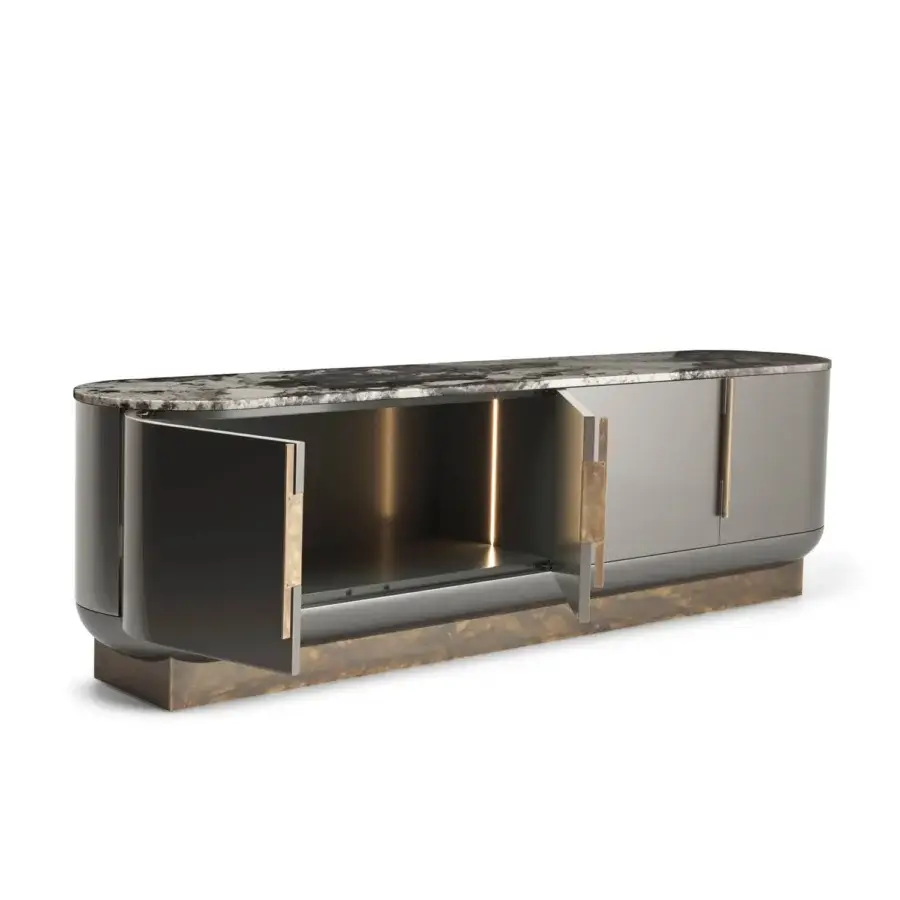 Distinguished Visionnaire Siona sideboard crafted with multilayer wood, MDF, marble, and hand-bronzed brass in a 100 gloss lacquered dark gray finish