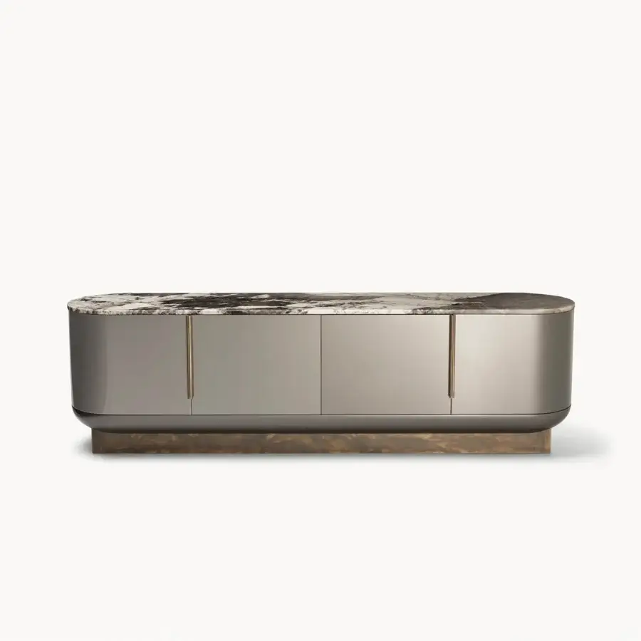 Lavish Visionnaire Siona sideboard built with multilayer wood, MDF, gloss lacquered doors, and a shaped marble tabletop with satin stainless steel