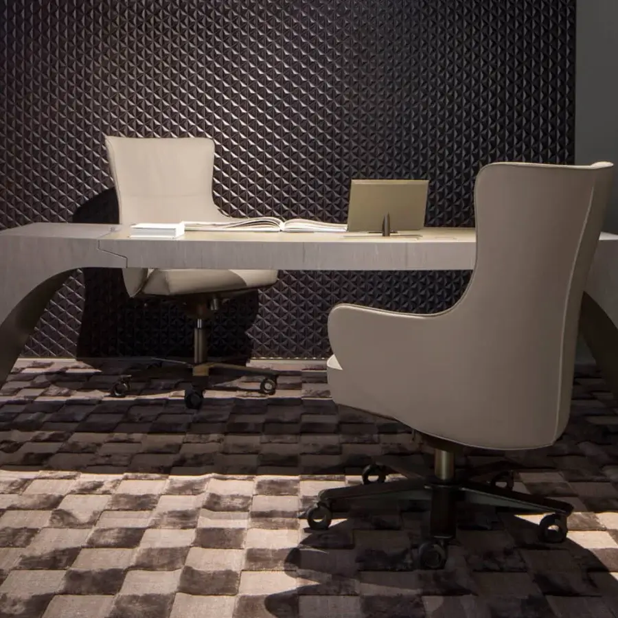 Exclusive Giorgetti Genius armchair upholstered in neutral beige fabric with a natural-effect bronze revolving base and castors