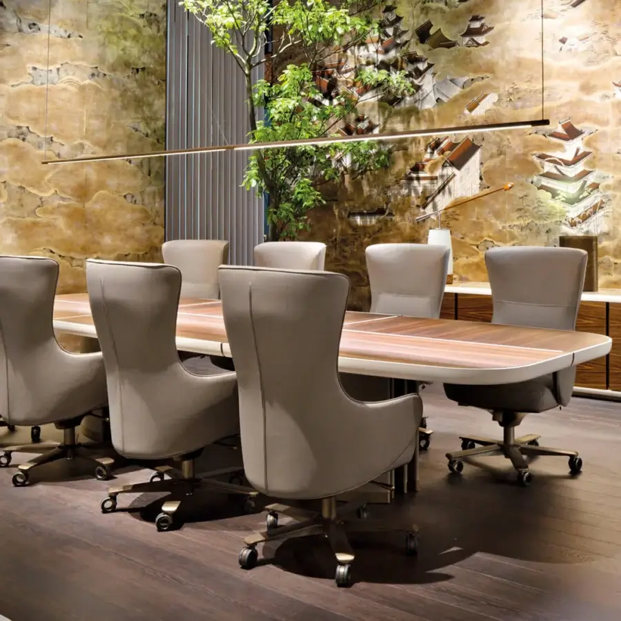 Exceptional Giorgetti Genius armchair with profiled steel backrest and neutral gray fabric upholstery in natural-effect bronze finish