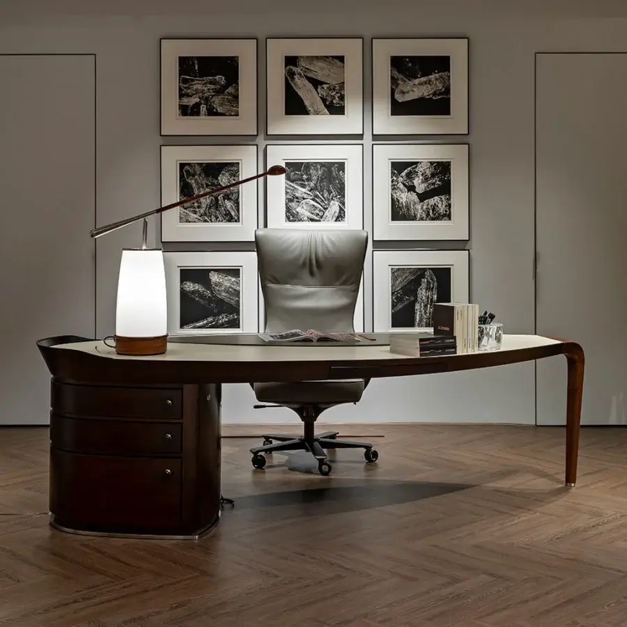 Distinguished Giorgetti Genius armchair with profiled steel backrest and muted gray textile upholstery with smooth finish