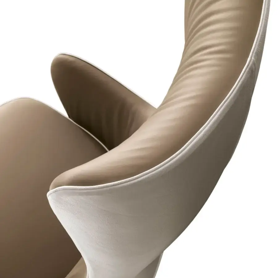 Superior Giorgetti Genius armchair with organically curved form and neutral beige padded poplar plywood shell with satin finish