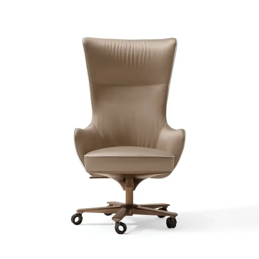 Exceptional Giorgetti Genius armchair with profiled steel backrest and taupe textile upholstery with natural-effect bronze base
