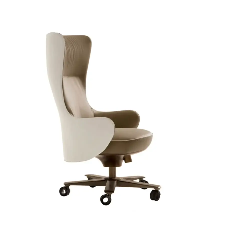Lavish Giorgetti Genius armchair with a profiled steel backrest and light beige textile upholstery crafted with a natural-effect bronze base