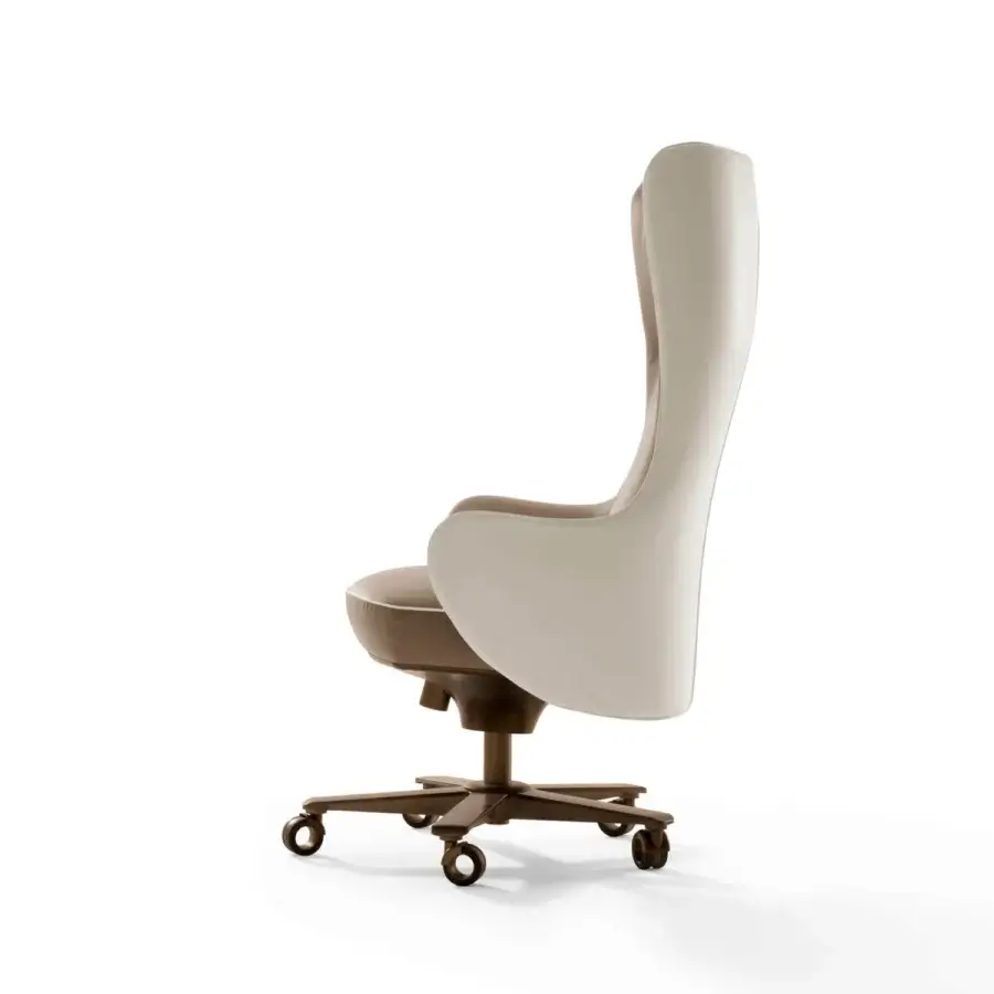 Distinguished Giorgetti Genius armchair crafted with a profiled steel backrest and light beige textile upholstery with a natural-effect bronze base