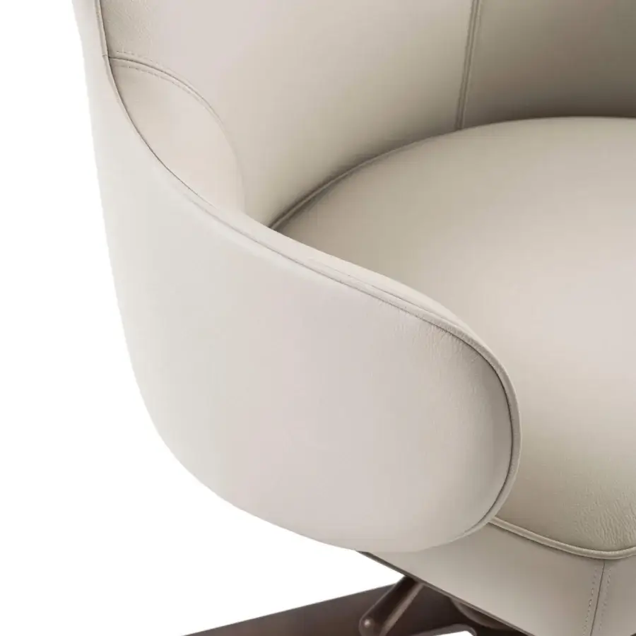 Superior Giorgetti Genius armchair upholstered in neutral beige fabric or leather with a matte finish and natural-effect bronze revolving base