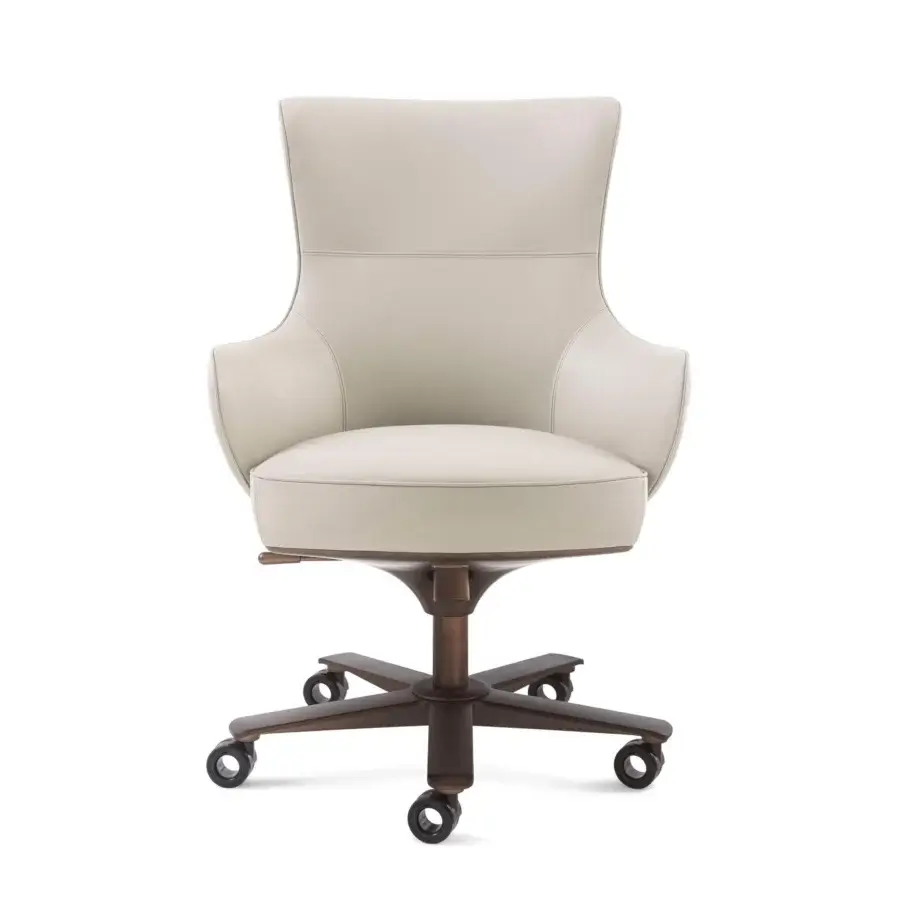 Exceptional Giorgetti Genius armchair with profiled steel backrest and supple matte beige leather upholstery with a natural-effect bronze base