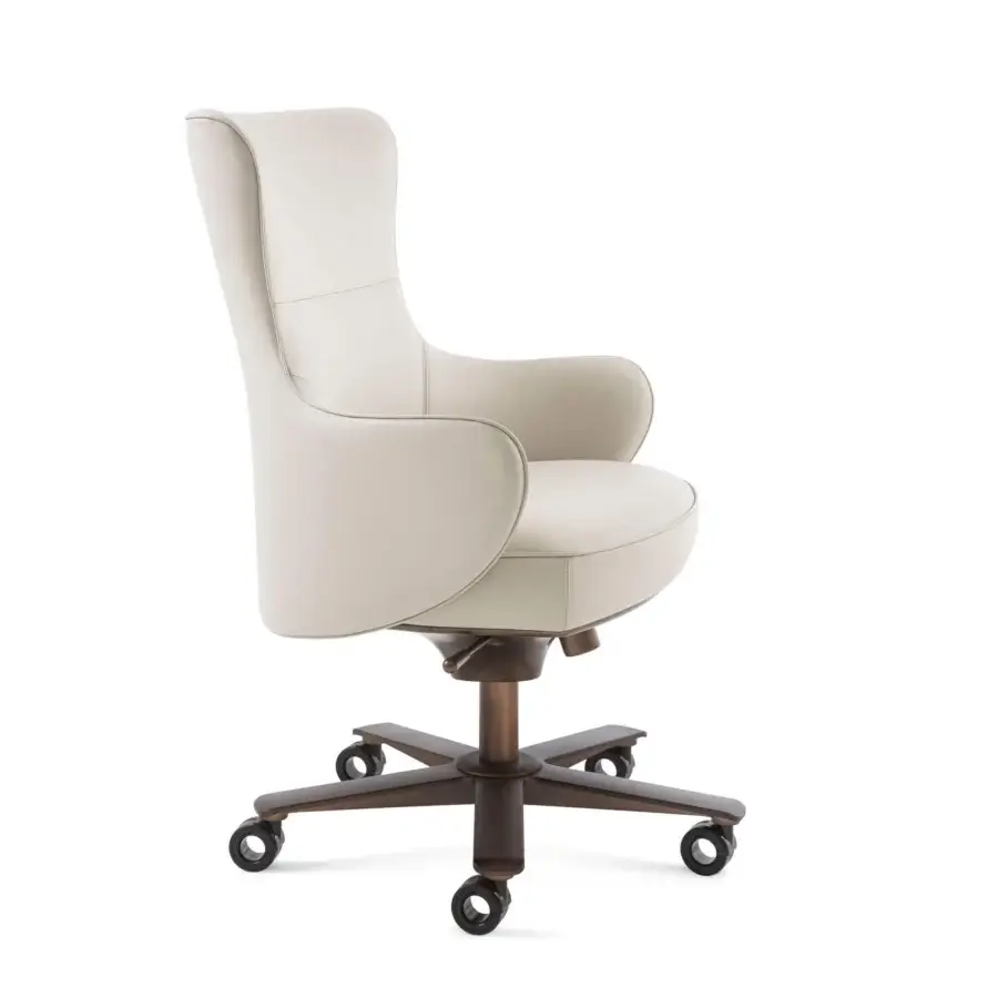 Elegant Giorgetti Genius armchair with a profiled steel backrest and plush pale beige textile upholstery with natural-effect bronze finish