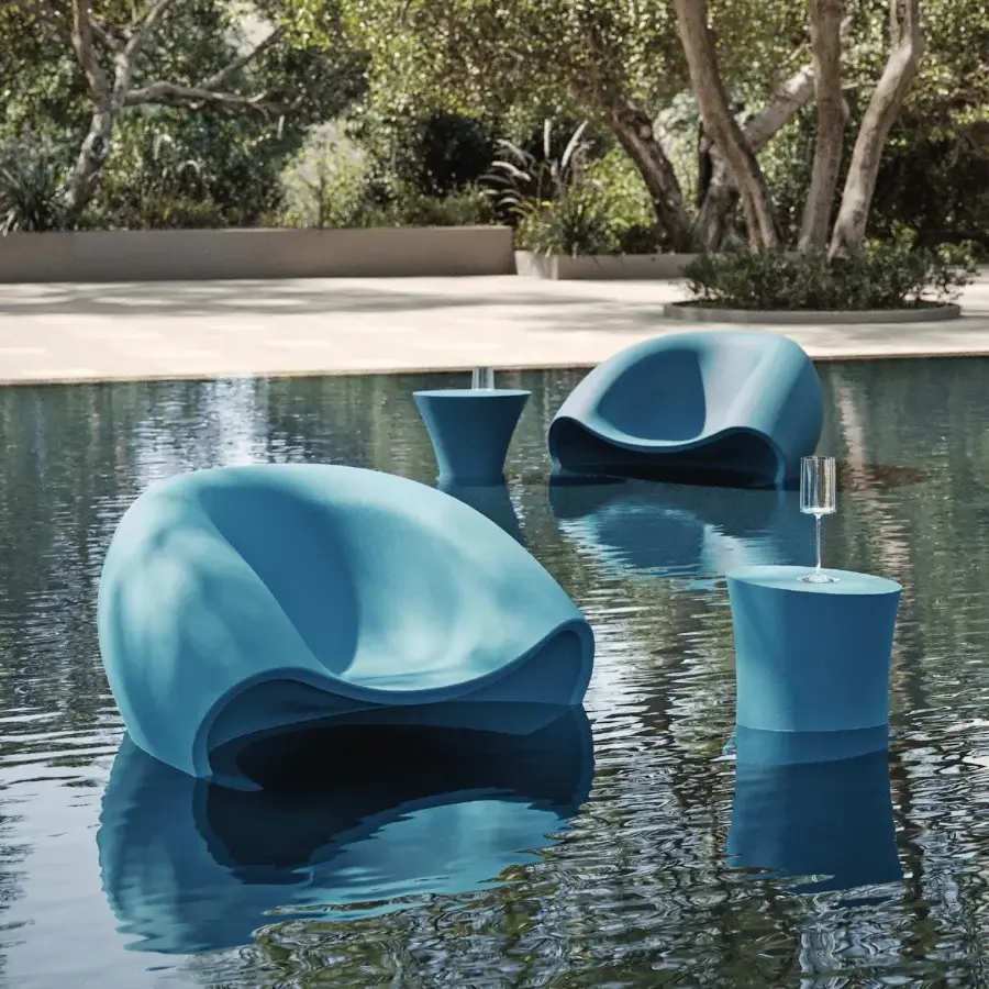Exceptional MY YOUR Iris Lounge chair in muted teal blue recyclable Poleasy with smooth matte finish