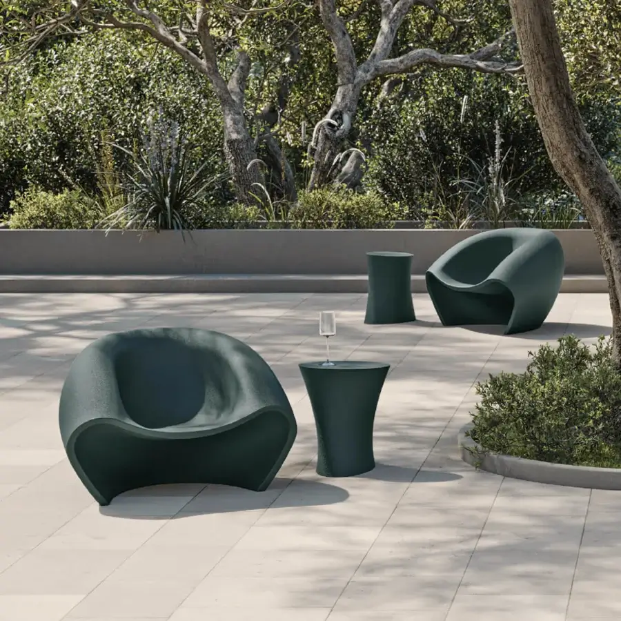 Distinctive MY YOUR Iris Lounge chair crafted in dark teal recyclable Poleasy with matte finish