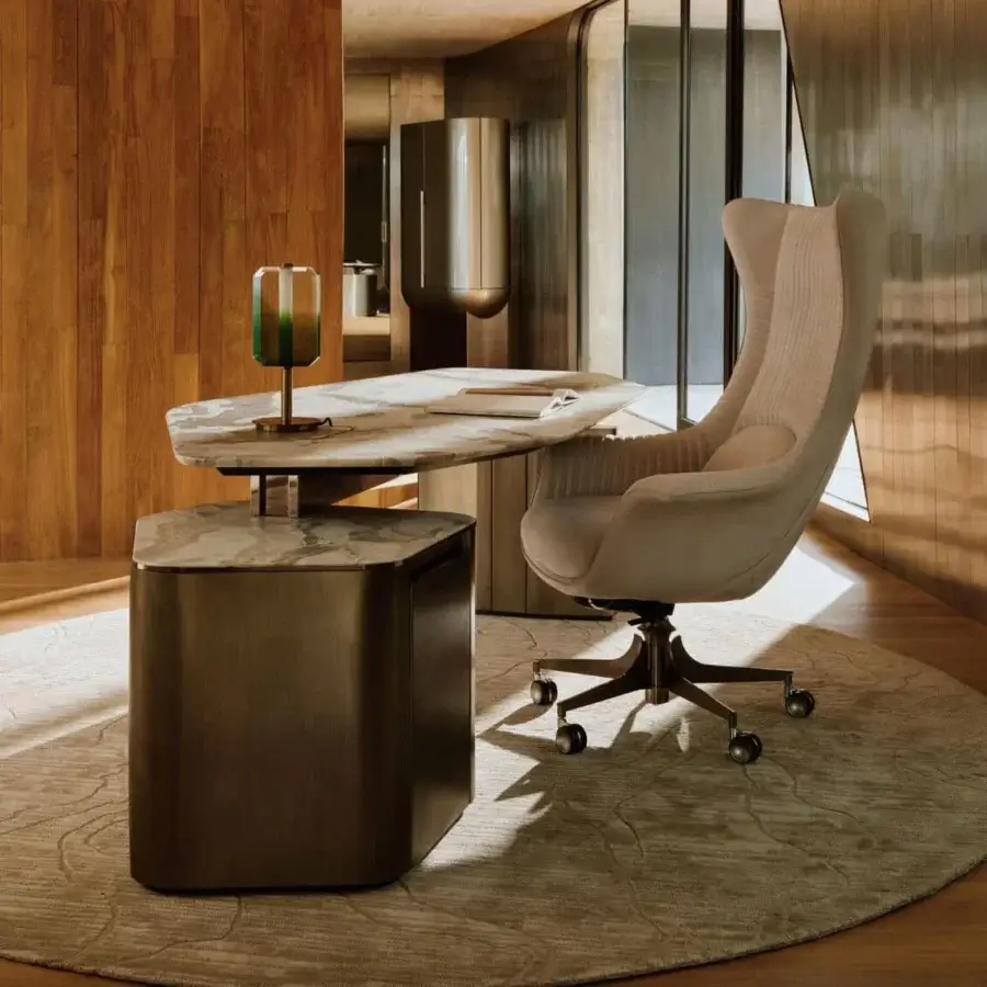 Exclusive Visionnaire Planet Office chair with quilted light beige leather and satin stainless steel swivel base