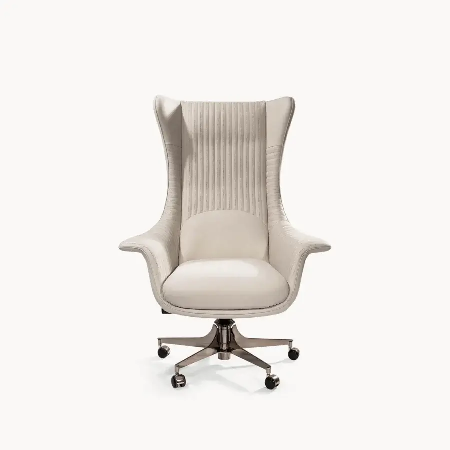 Lavish Visionnaire Planet Office chair crafted in quilted light beige leather with polished stainless steel base