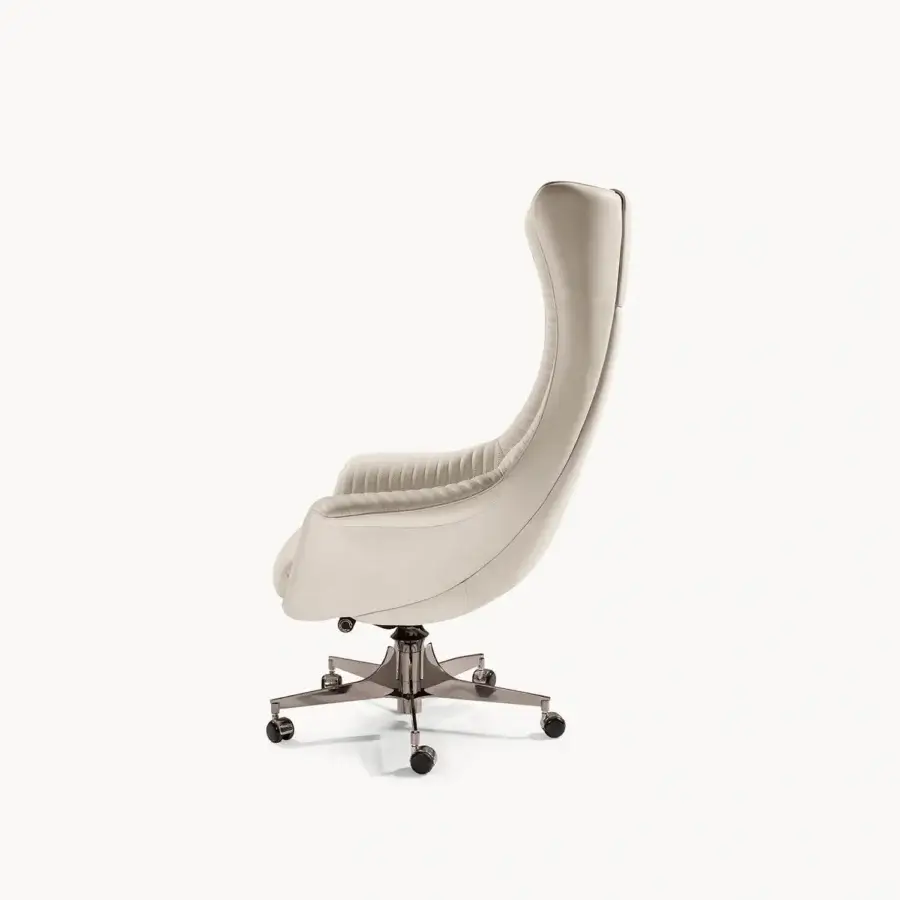 Exceptional Visionnaire Planet Office chair crafted in quilted creamy white leather with polished stainless steel base
