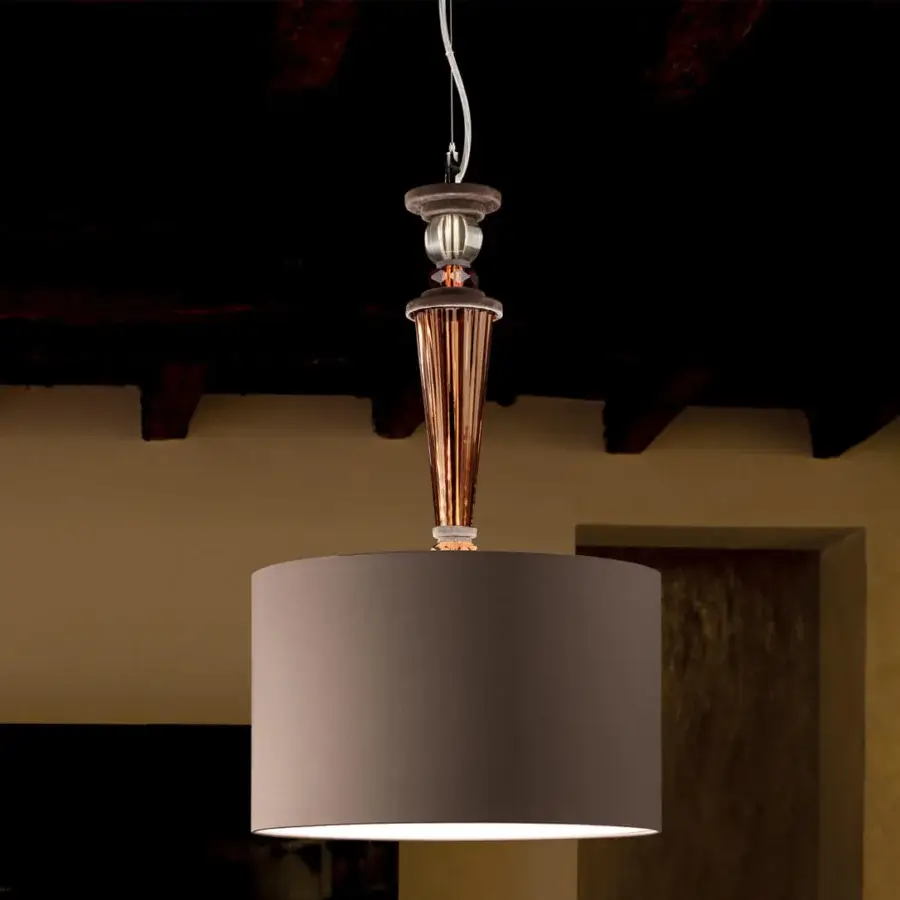 Meticulous Euroluce Dahlia suspension lamp in warm brown with tobacco plates, topaz crystals and fumé structure
