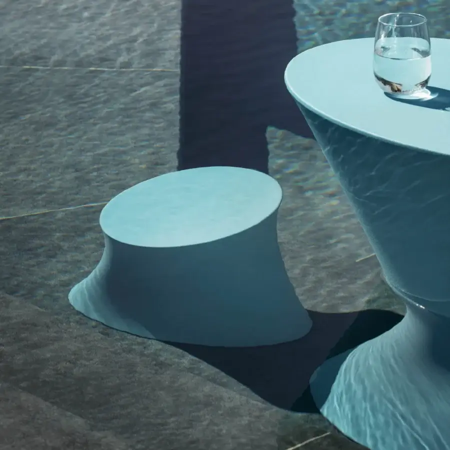 Elegant MY YOUR Iris stool in pastel blue recyclable Poleasy with a smooth matte finish delivers balanced comfort