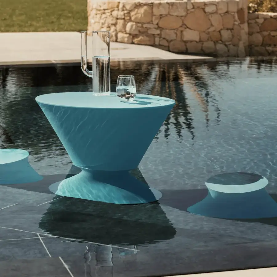 Captivating MY YOUR Iris stool with organically curved form crafted in glossy muted teal blue recyclable Poleasy