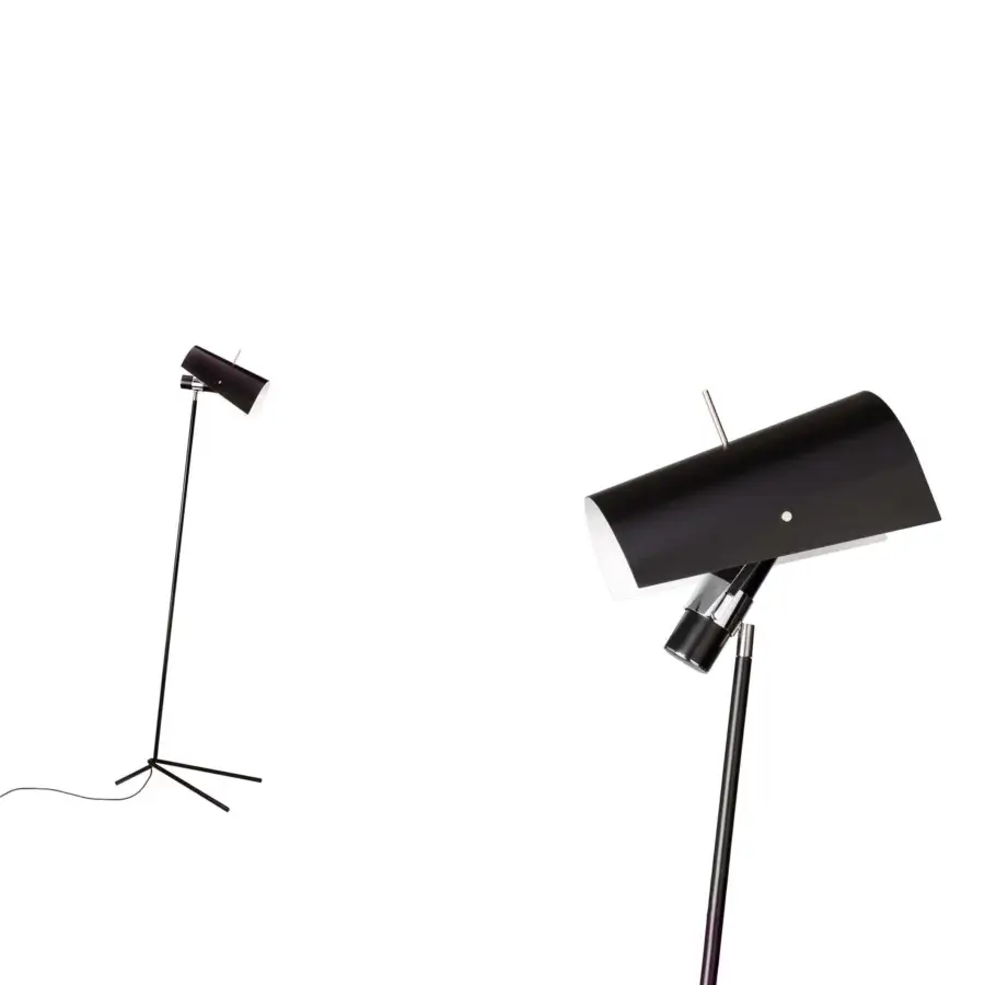 Exceptional Nemo Lighting Claritas floor lamp crafted in black and white with a cylindrical metal stand and tripod base