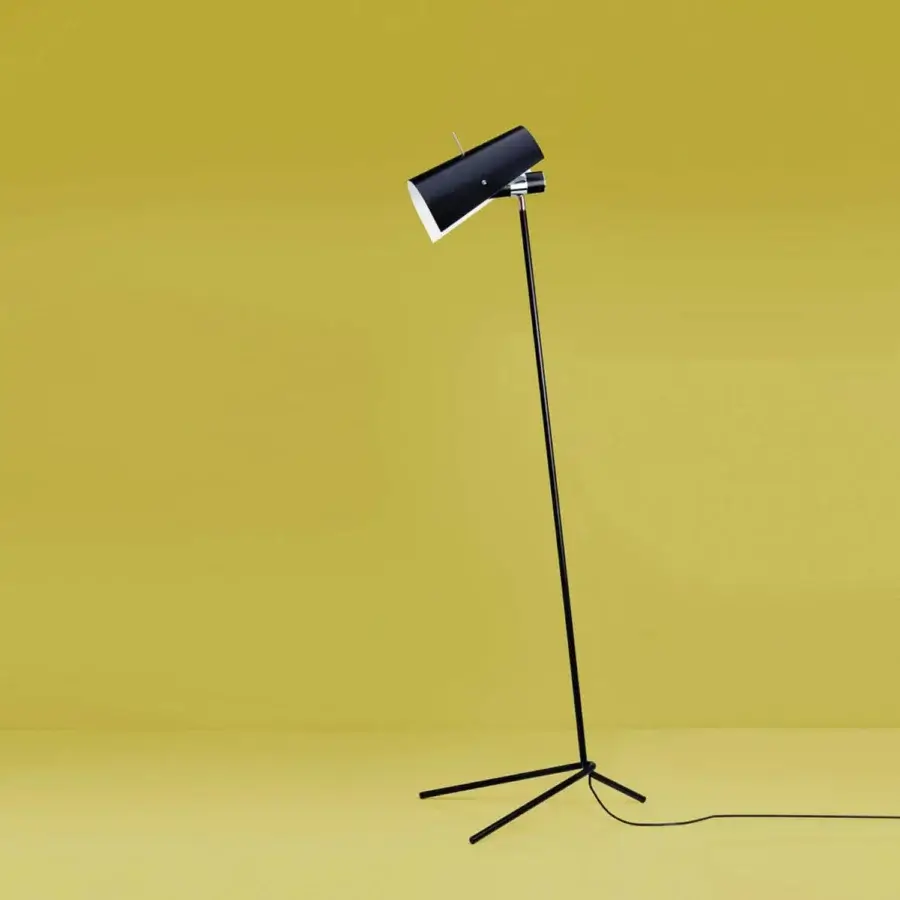 Distinguished Nemo Lighting Claritas floor lamp crafted in black with bent metal tubes and curved aluminum reflector with matte finish