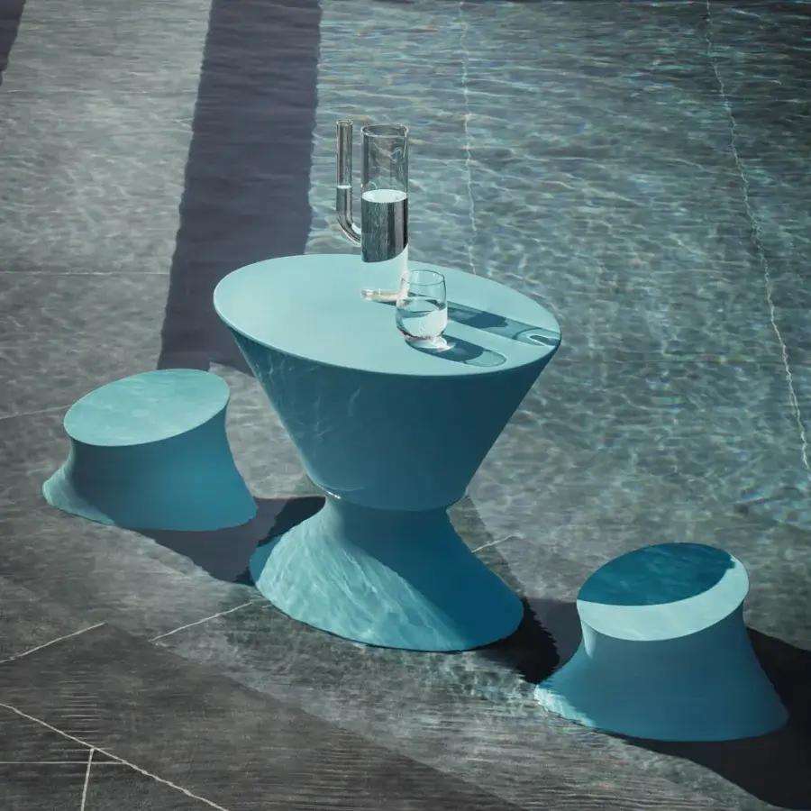 Elegant MY YOUR Iris table crafted from recyclable Poleasy with a glossy finish in a captivating muted teal blue hue