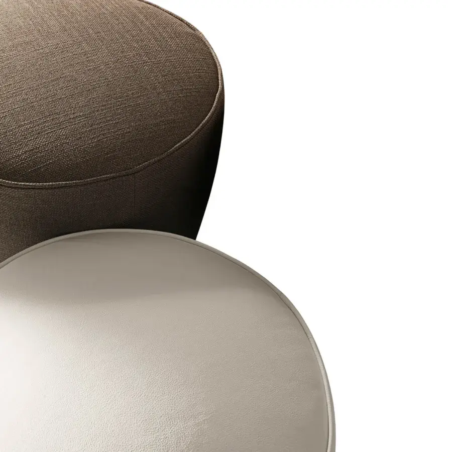 Exceptional Giorgetti Topaze ottoman with muted brown textured fabric upholstery and polished beech feet