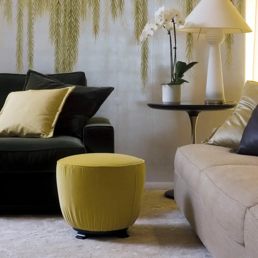Superior Giorgetti Topaze ottoman in vibrant yellow textile upholstery with polished beech feet