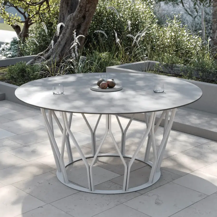 Distinguished MY YOUR Mimí round table crafted with matte gray stoneware and recyclable white aluminum base