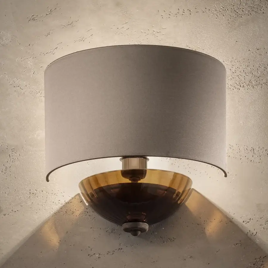 Distinguished Euroluce Dahlia wall lamp with fumé structure, viridian crystals and nabuk, plus warm amber glass base