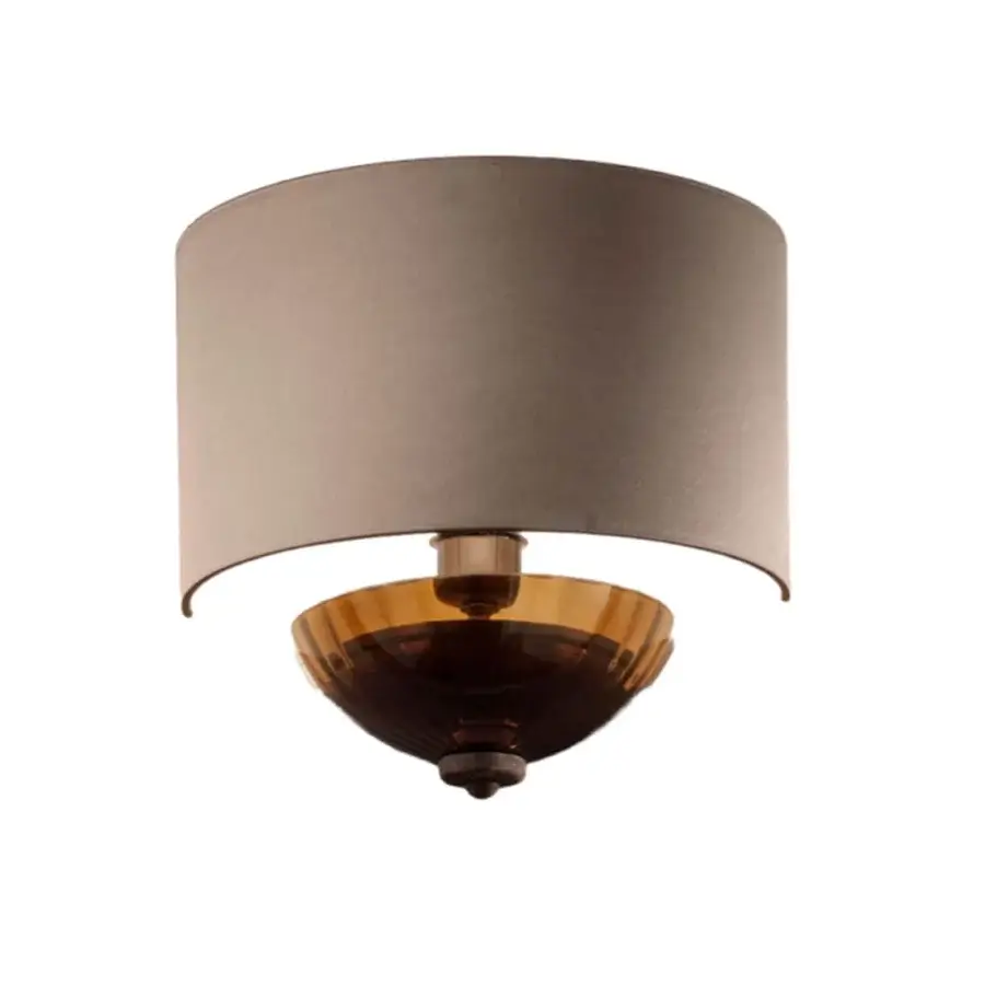 Exceptional Euroluce Dahlia wall lamp with muted grey textile shade, fumé structure and viridian nabuk components crafted with amber glass base