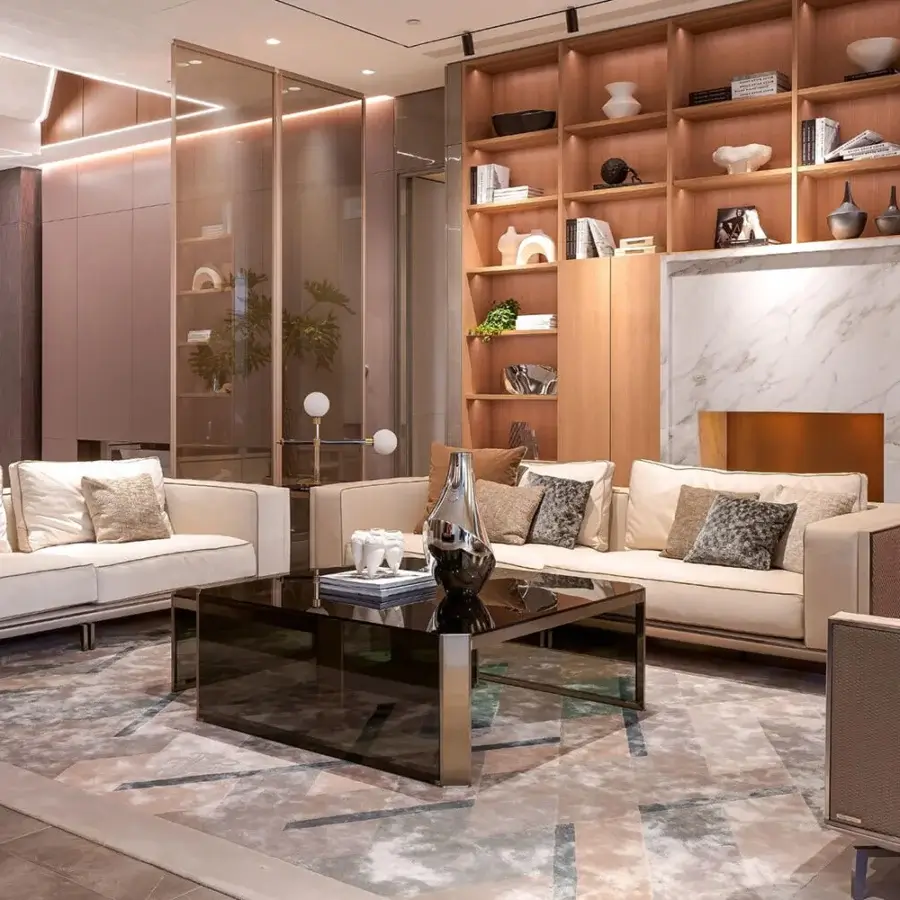 Superior Visionnaire Backstage sofa with light beige textile upholstery, satin steel frame and braided leather armrests