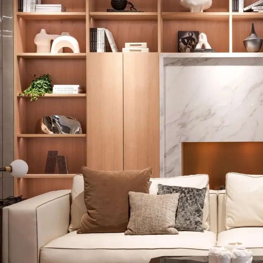Elegant Visionnaire Backstage sofa with neutral beige leather upholstery and visible satin steel frame detailing