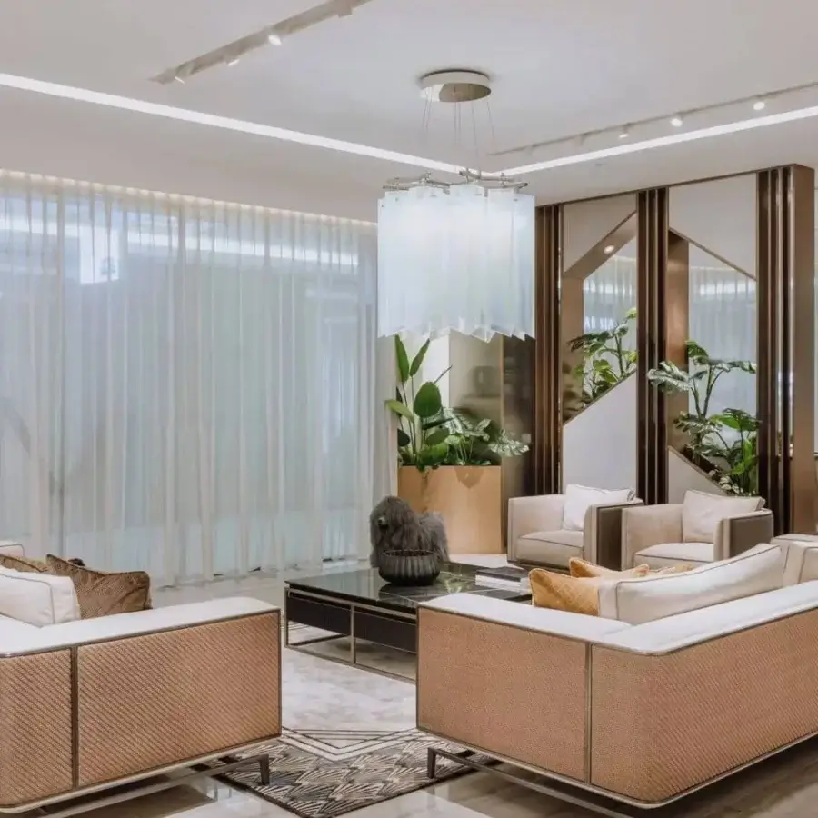 Remarkable Visionnaire Backstage sofa with warm beige woven fabric upholstery and satin steel base framing