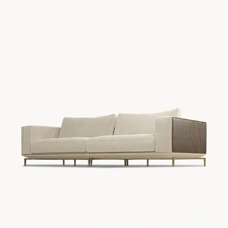 Distinguished Visionnaire Backstage sofa with neutral beige fabric upholstery and sleek satin steel framing with braided leather detailing
