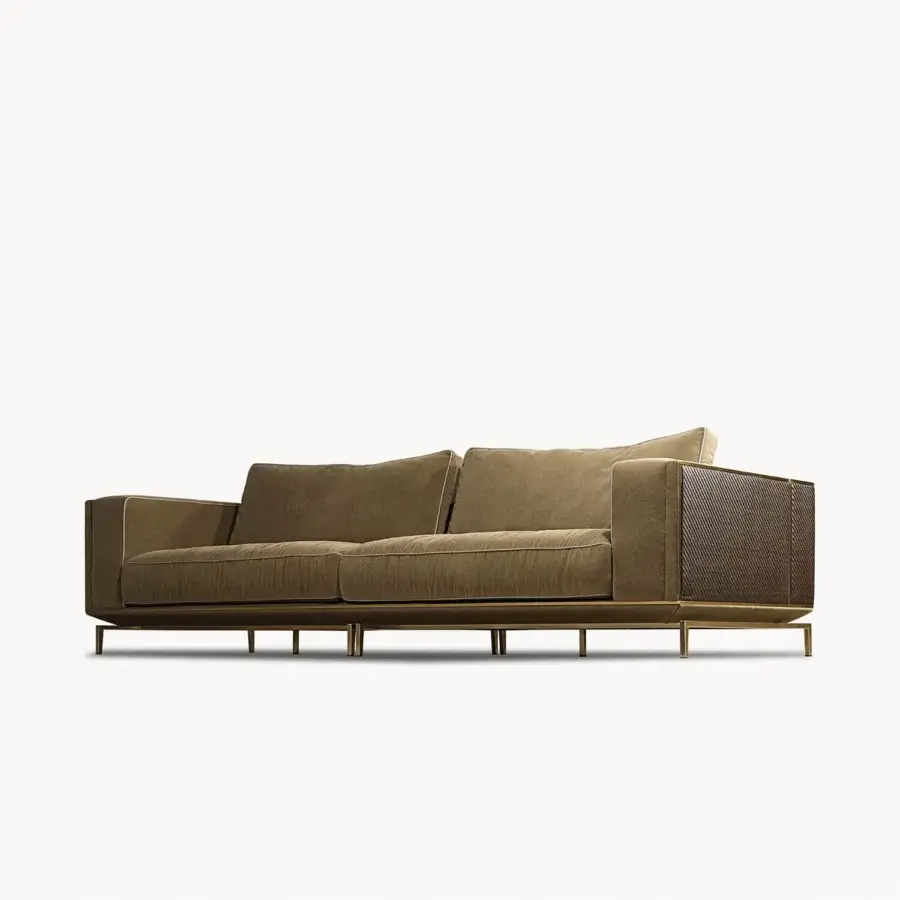 Exclusive Visionnaire Backstage sofa with muted olive green fabric upholstery and intricately braided leather detailing in satin steel