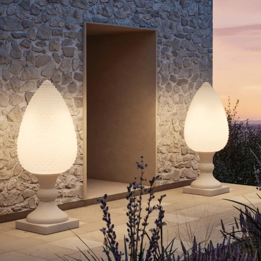Captivating MY YOUR Pina floor lamp with a textured off-white shade and smooth neutral base crafted in Italy