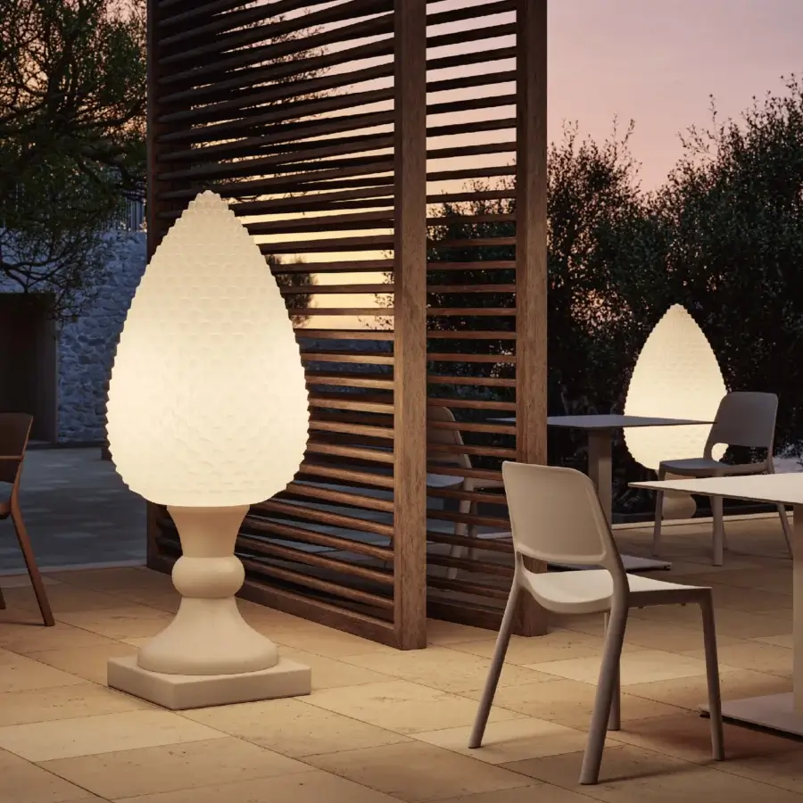 Superior MY YOUR Pina floor lamp with a cream matte finish and uniquely scaled synthetic lampshade inspired by Sicilian artistry
