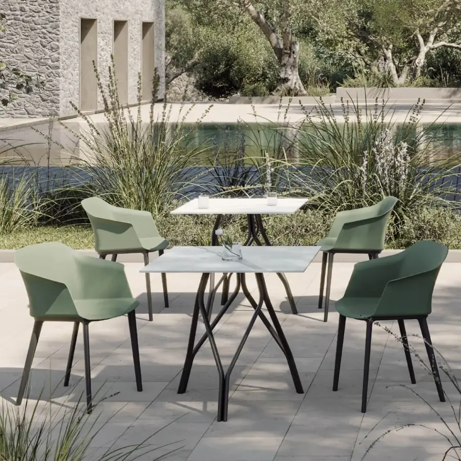 Elegant MY YOUR Sofia armchair in olive green polypropylene with matte finish offers lasting style and comfort