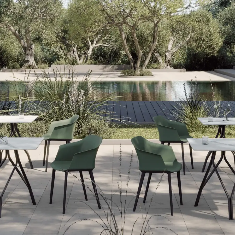 Exceptional MY YOUR Sofia armchair in olive green polypropylene with sleek black metal frame and matte finish