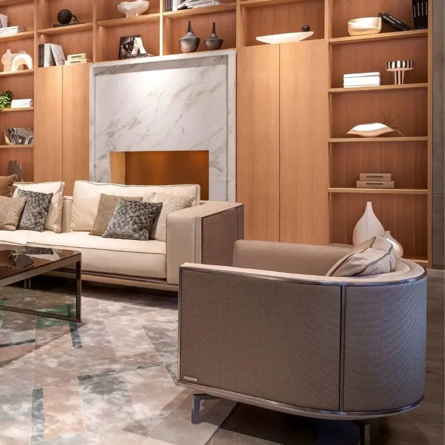 Distinguished Visionnaire Backstage lounge chair with woven leather exterior and soft beige textile upholstery, built with satin brass accents