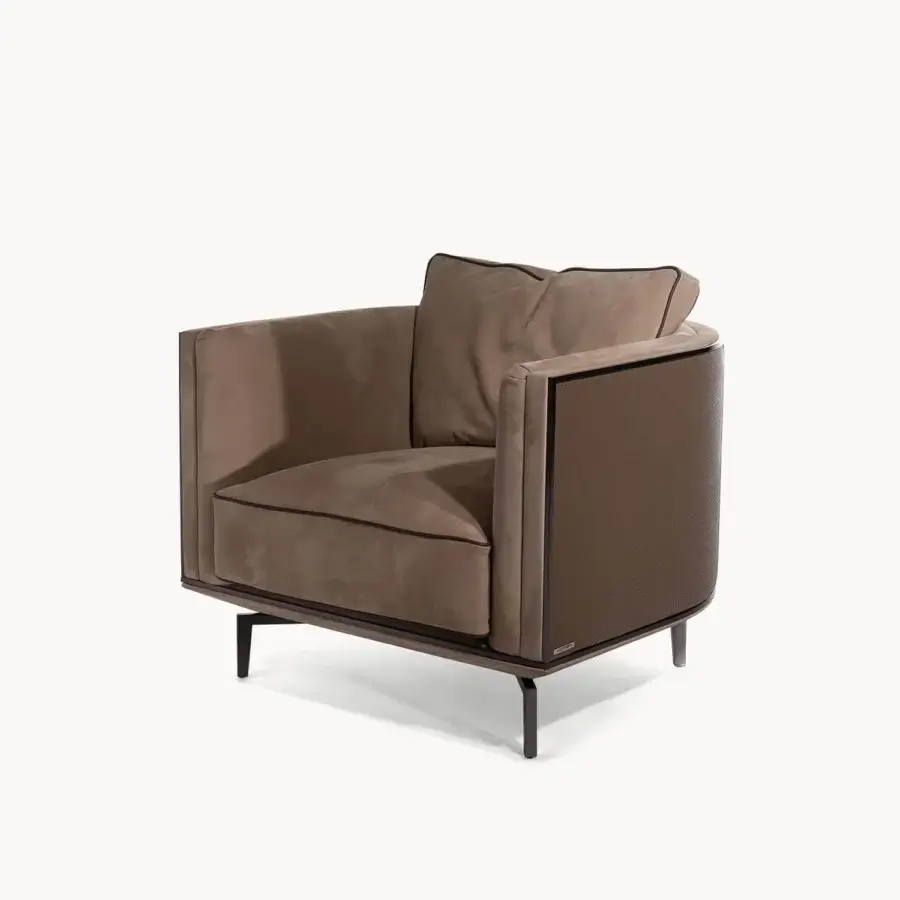 Sophisticated Visionnaire Backstage lounge chair upholstered in muted taupe fabric with textured woven leather and satin brass accents