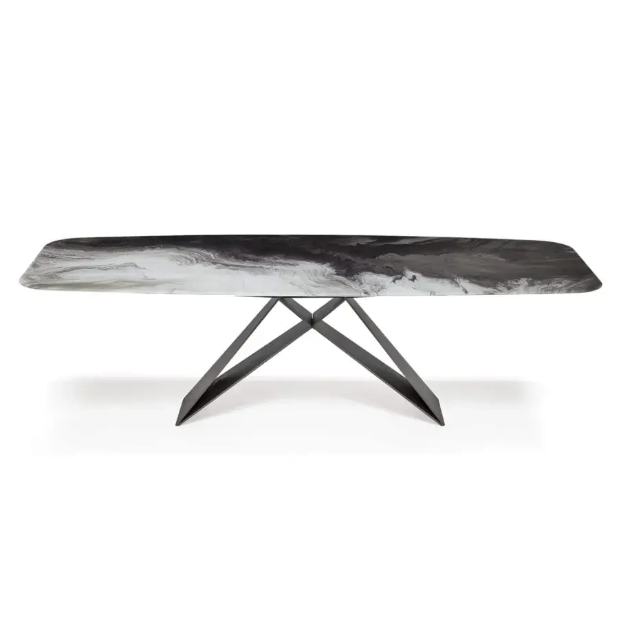 Superior Cattelan Italia Premier table with swirling black, gray, and white CrystalArt glass and dark graphite embossed lacquered steel base