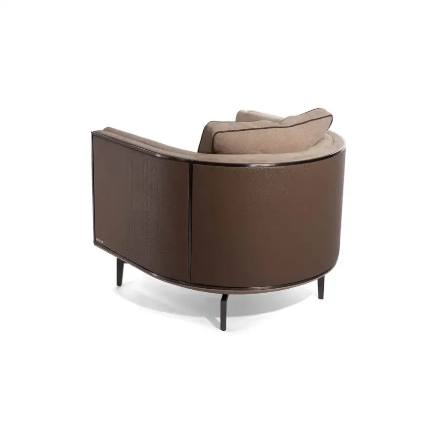 Distinguished Visionnaire Backstage lounge chair with woven shell in warm brown and satin brass profile complemented by light beige upholstery