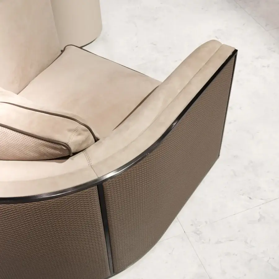 Exceptional Visionnaire Backstage lounge chair with curved wooden shell upholstered in light beige textile and satin brass profile