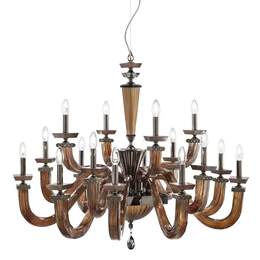 Distinguished Euroluce Desiderio chandelier with curved arms, Swarovski crystals, beech wood accents, and elegant black nickel finish