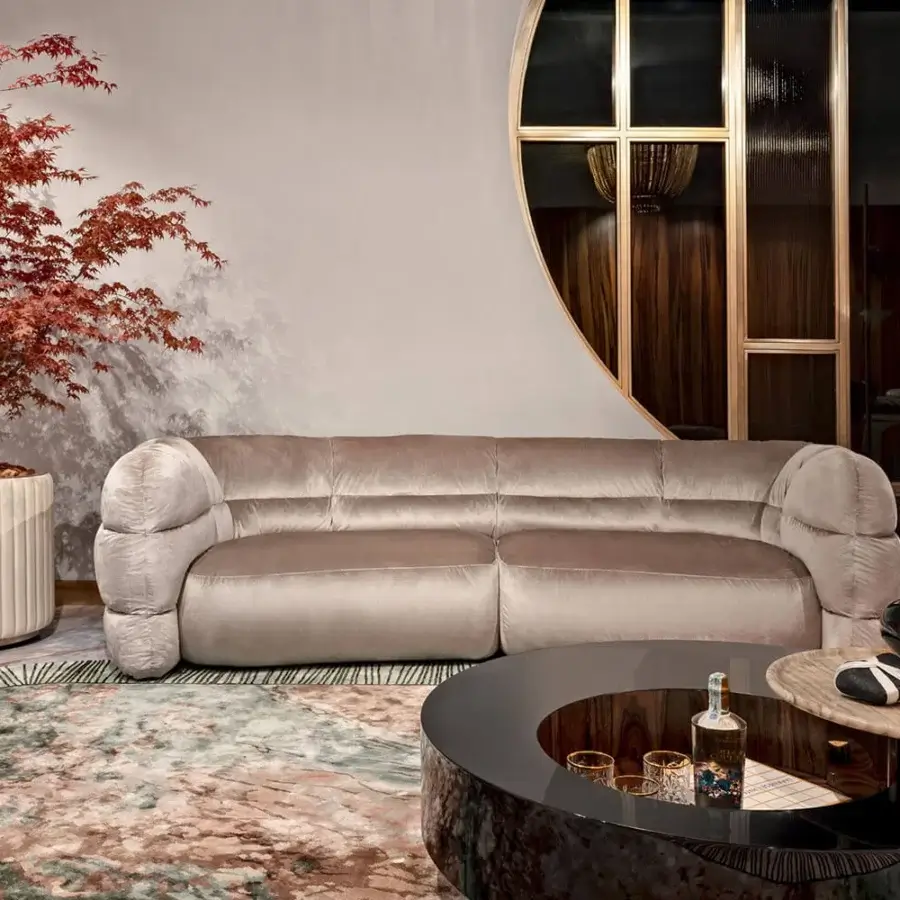 Exceptional Visionnaire Bomber sofa upholstered in plush matte dusty rose textile with resilient sprung suspension and supportive Memory Foam® cushions
