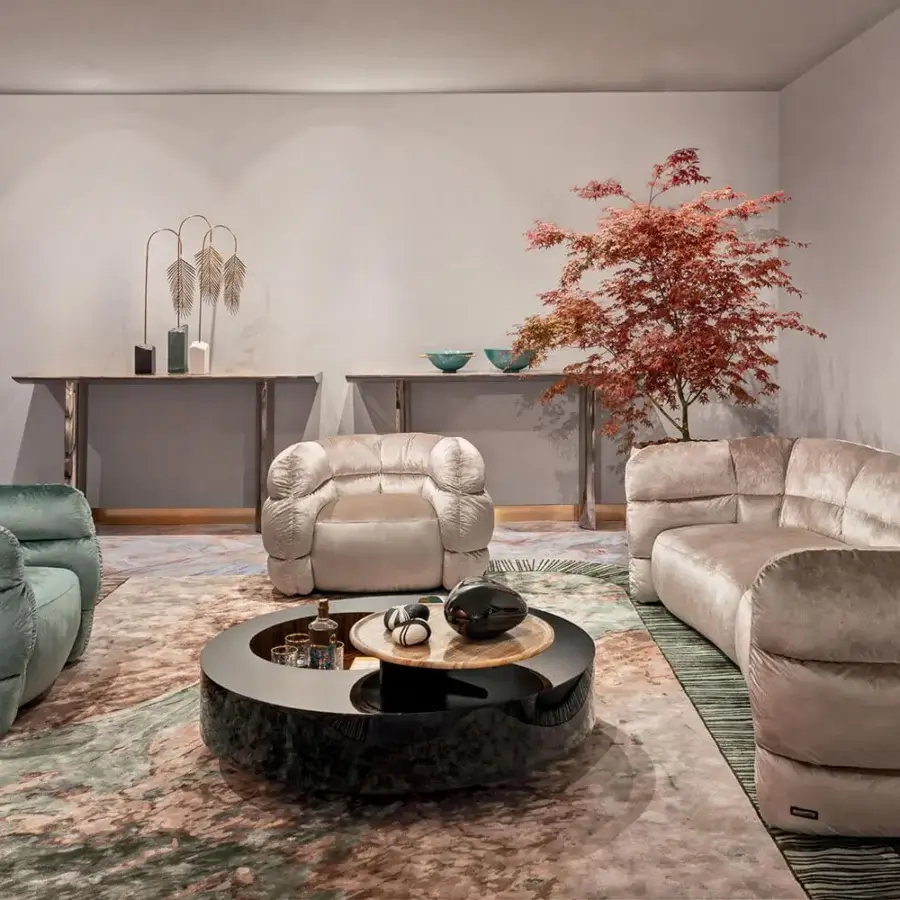 Distinguished Visionnaire Bomber sofa upholstered in lavish matte dusty rose textile with resilient sprung suspension